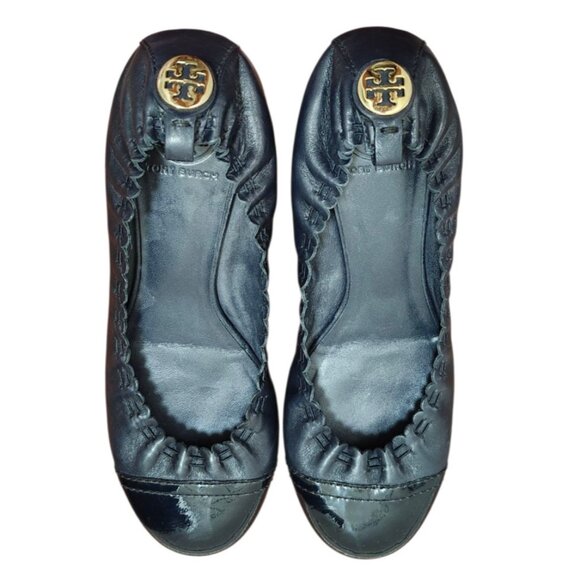 Tory Burch Black Abbey Mestico/Patent Flats dark blue Leather Women's Size 7.5 - Picture 5 of 10